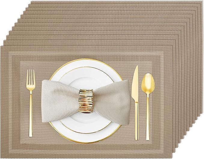 Khaki Vinyl Placemats Set of 12, Heat Resistant Table Placemats | 18x12 inch by Uolr