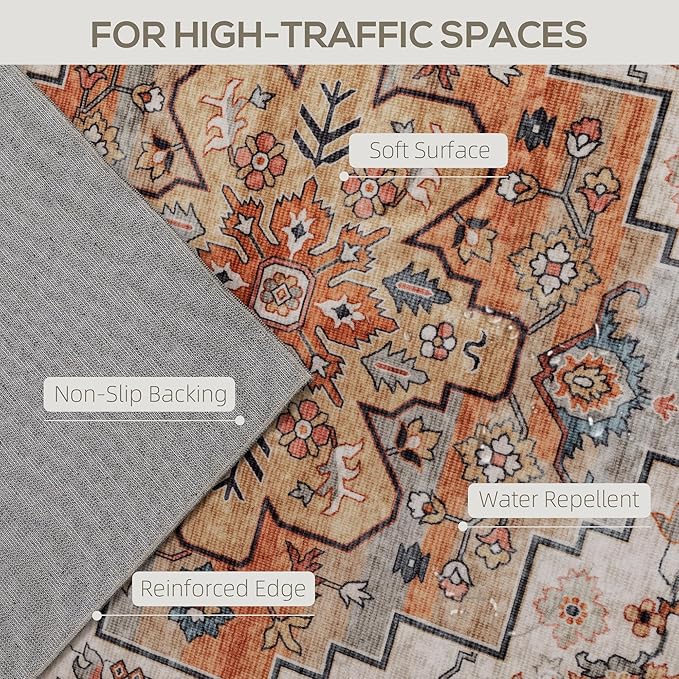 HOMCOM Washable Area Rug, 4'x6' Vintage Indoor Distressed Carpet, Retro Floor Cover Foldable, Floral Print Mat for Living Room, Bedroom, Dining Room, Tawny Brown
