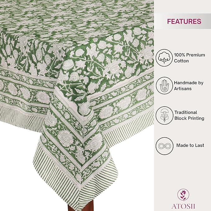ATOSII Meraki Green 100% Cotton Rectangle Tablecloth, Hand Block Print Washable Table Cover, Dining, Christmas Parties, Outdoors, Weddings, Thanksgiving, Halloween Fall Decor 60 X 108 Inches, 8 Seater