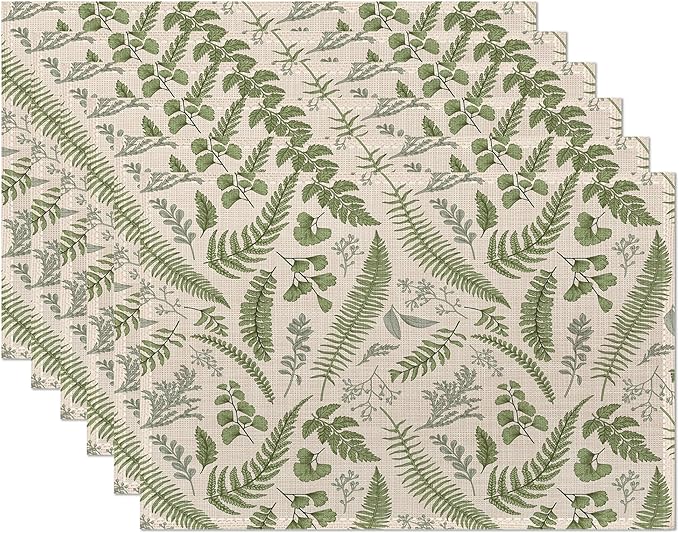 Tropical Fern Herbs Placemats Set of 6,Botanical Floral Leaf Table Mats Non-Slip Heat Resistant Washable Placemat for Party Kitchen Dining Table Decoration Indoor Outdoor