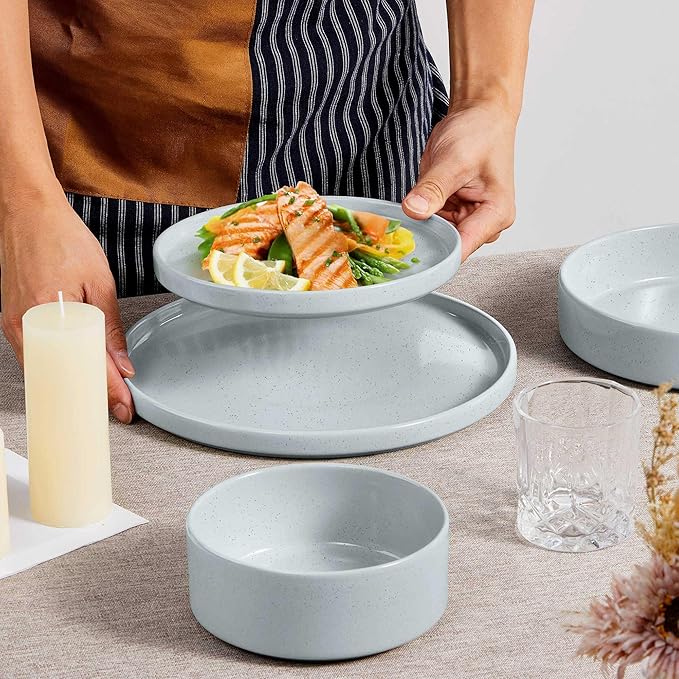 Herogo Stoneware Dinnerware Set with Salad Bowls, 24 Piece Kitchen Dinner Dish Set for 6, Plates and Cereal Pasta Bowls, Chip & Scratch Resistant Dishware, Speckled Light Gray
