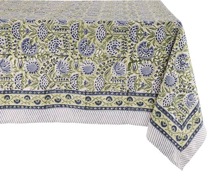 ATOSII Amara 100% Cotton Fall Tablecloth, Handblock Floral Print Rectangle Linen for Kitchen Dining I Parties Wedding Christmas Outdoors Easter I Spring Summer 72 X 140 Inches I 12 Seater
