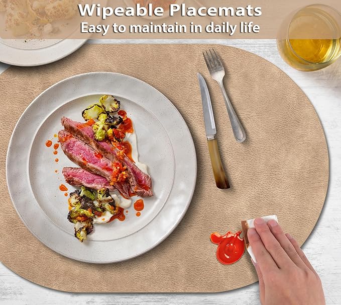 ADRIMER Placemats, Heat Resistant Oval Placemats Set of 4 Washable 12 x 17 Inch, Waterproof Table Placemats Set of 4, Wipeable Faux Leather Placemats for Kitchen, Dining Room, Apricot