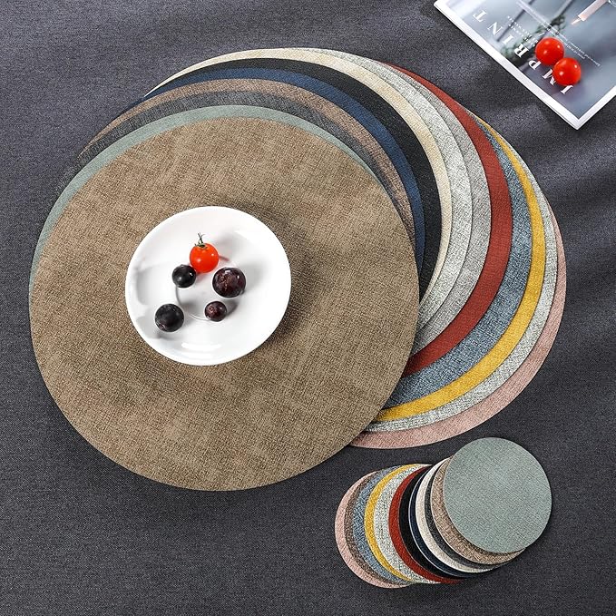 Myir JUN Round Placemats, Dual Sided Faux Leather Place Mats Set of 6 Indoor/Outdoor Non-Slip Washable Table Mats (Gray Cream-White, Set of 6)