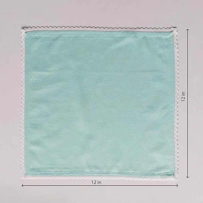 FINGERCRAFT Dinner Cloth Napkin Cotton Linen Blend 4 Pack Mitered Corners with Elegant Lace for Everyday Use Napkins are Pre Shrunk and Good Absorbency Aqua