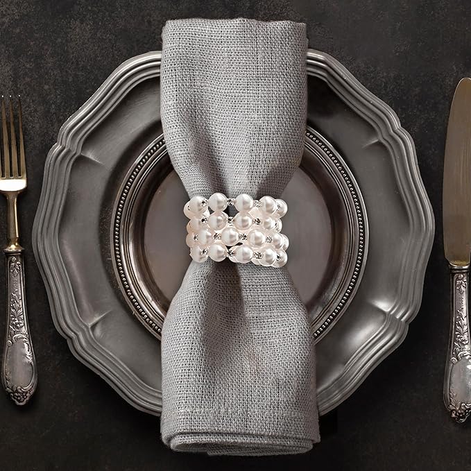 Decozen Set of 12 White Napkin Rings with Pearl Design, Festive, Table Decor Setting for Holiday, Wedding, Birthday, Kitchen, Home Decor, Housewarming Gift - Mothers Day Decorations