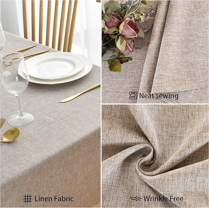 JIUZHEN Faux Linen Farmhouse Tablecloth Rectangular, Wrinkle Stain Resistant Table Cloth Rectangle Table Cover for Kitchen Dining, Holiday Party Dinner, Stone, 70 x 140 Inch