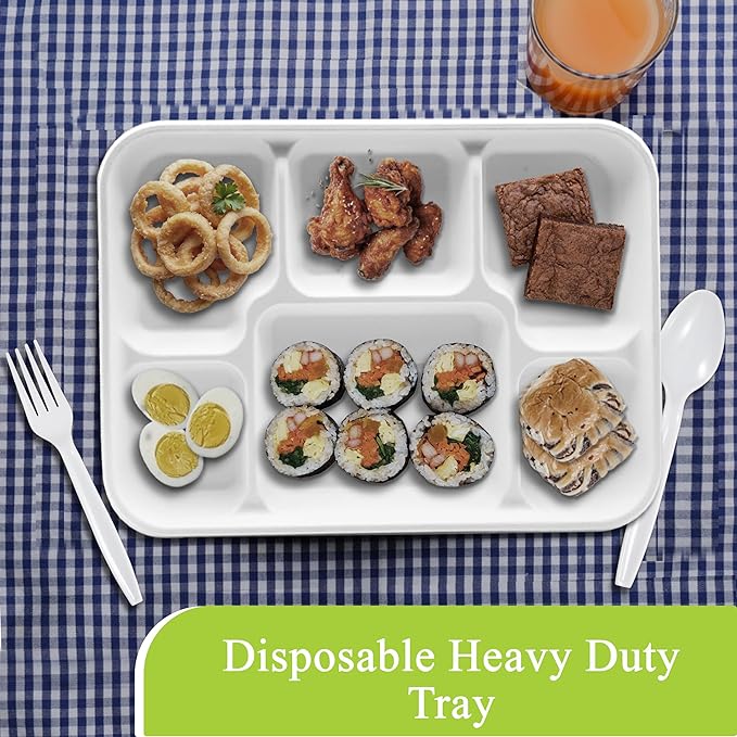 three leaf 6 Compartment Bagasse Tray 150 Ct. Heavy Duty, Super Strong,Eco Friendly Disposable Bagasse Plates,100% Biodegradable Plates, Microwave and Freezer Safe, Ideal for Party, Dinner and Picnic