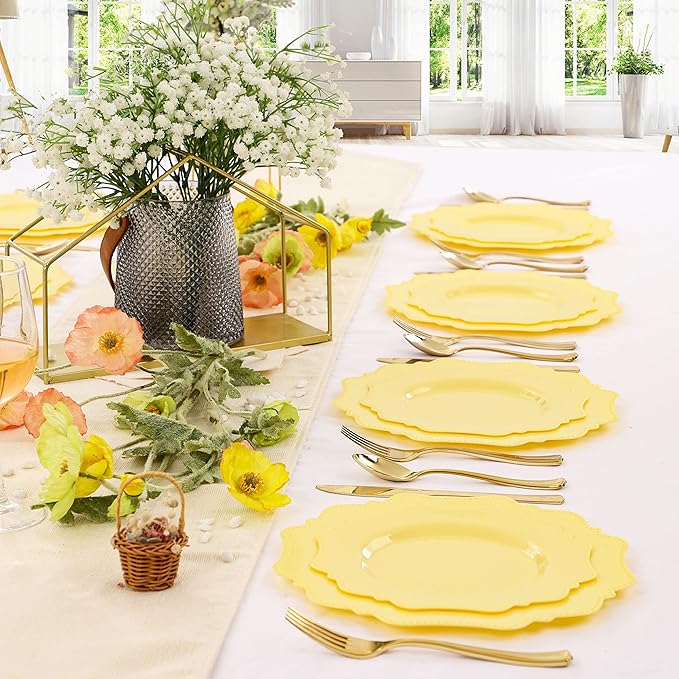 COLOSUS Disposable Lemon Yellow Plastic Plates 60Pcs, Thanksgiving Plastic Plates.,Light Baby Yellow Party Plates, Heavy Duty 30 Dinner plate 10.5" and 30 Salad/Dessert Plate 8.25" for Wedding,Party