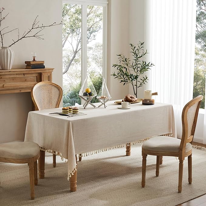 Linen Tablecloth with Tassels, Farmhouse Style Light Beige Tablecloth, Water Resistant Burlap Tablecloths for Rectangle Table, 60x84 Inch Light Tan