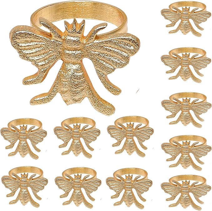 Alpha Living HOMEAntique Gold Metal Napkin Rings - Set of 12 Elegant Bee Table Holders - Ideal Décor for Weddings, Family Gatherings, Formal Dinners, Banquets & Everyday Dining