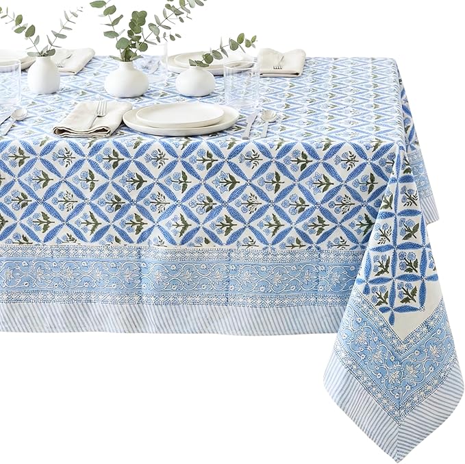 ATOSII Cotton Tablecloth Netta Blue 72" X 140" Inches