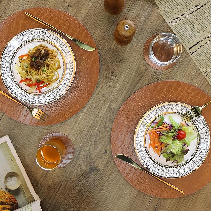 Jovono Round Leather Placemats for Round Tables Set of 4, Brown Place Mats and Coasters, Wipeable Waterproof Heat Resistant Table Mats Easy to Care for Indoor Decor 13 inch Diameter