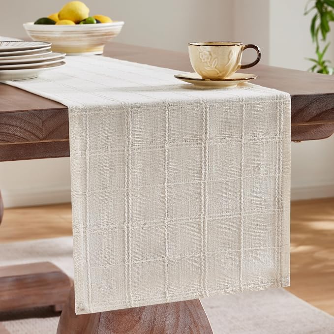Linen Checked Farmhouse Table Runner, 13x48 Inches Ivory | Raised Grid Design - Image 4