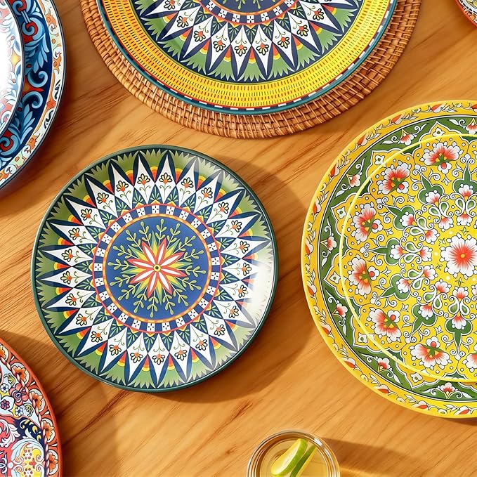 6-piece Bohemian plates, 8-inch main course plates, suitable for serving beef, lamb chops, turkey, and various main dishes; safe for microwave, oven, and dishwasher use