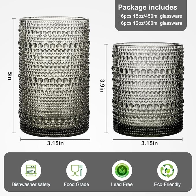 KMIGRUAN Hobnail Drinking Glasses Set of 12, 15Oz & 12Oz Cocktail Glasses | - Image 2