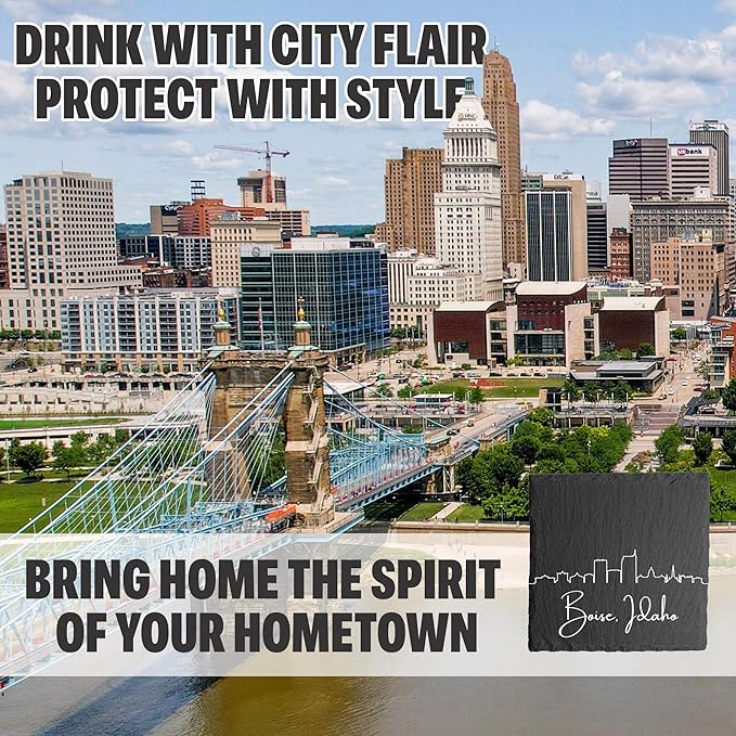Blue Ridge Mountain Gifts - Boise ID Skyline Coasters, Set of 4 - Boise Idaho Souvenir, Slate Coasters with Minimalist Skyline, Housewarming Gift for Friends, Family, & Neighbors
