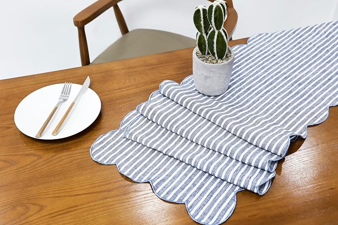 100% Natural Linen Rustic Scalloped Embroidery Table Runner 48 Inches, Linen - Image 5