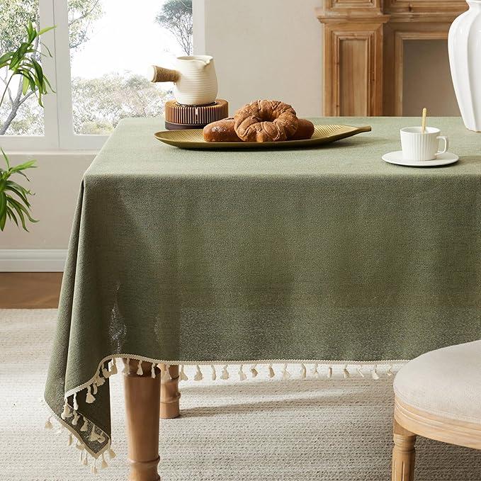 Linen Tablecloth with Tassels, Farmhouse Style Green Tablecloth, Water Resistant Burlap Tablecloths for Rectangle Table, 60x104 Inch Olive