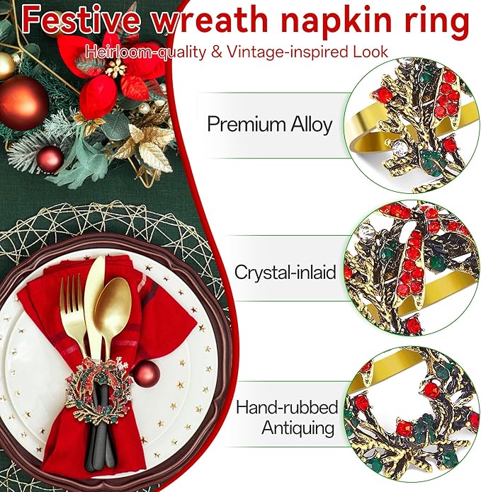 ZeeDix Christmas Wreath Napkin Rings Set of 12, Holiday Rhinestone Christmas Napkin Ring Holders for Cloth Napkins, Napkin Buckle for Thanksgiving Holiday Dinner Table Decor