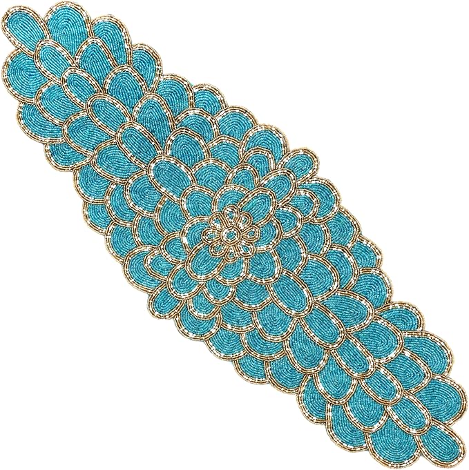 Beaded Table Runner, 13x36 | Handmade floral pattern, 85% glass beads, by CLEENTABLE