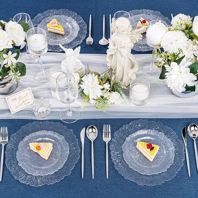 U-QE 60 Pieces Clear Plastic Plates for Party - Disposable & Reusable - Reef Disposable Plates - Premium Hard Plastic Plates for Wedding - Including 30 Dinner Plate 10 '' & 30 Dessert Plate 7 ''