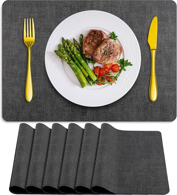 Placemats Set of 6 Washable, Heat Resistant Table Placemats Wipeable Faux Leather Place Mats Non Slip, Waterproof Square Table Mats for Indoor Outdoor, Charcoal Gray