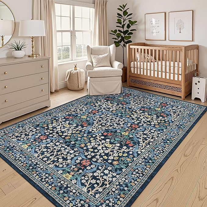 GarveeHome 8x10 Area Rugs, Washable Rugs for Living Room Non Slip Stain Resistant Ultra Soft Floral Rug, Boho Carpet Floor Mat for Bedroom Dining Room Nursery Playroom Office, Dark Blue