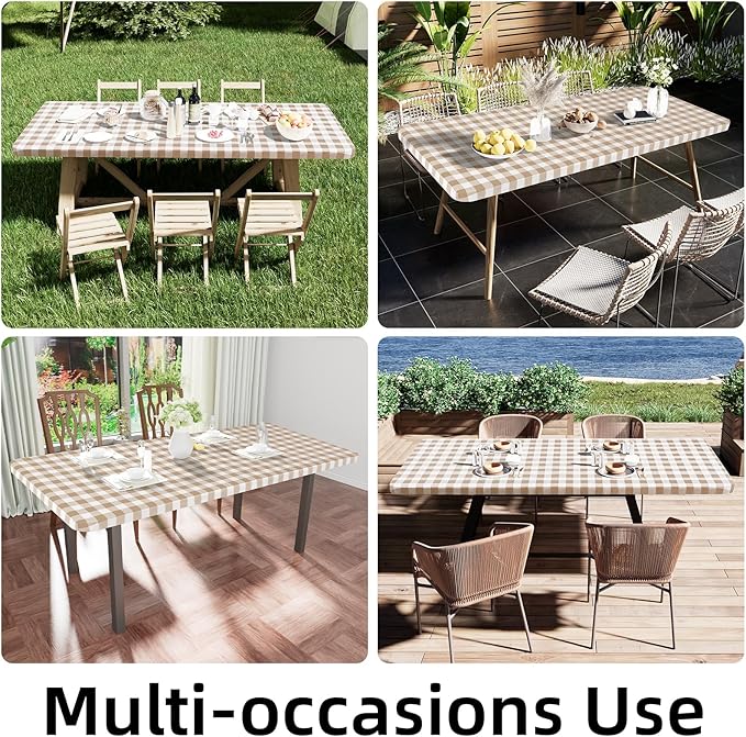 Smiry Rectangle Picnic Table Cloth, Elastic Waterproof Fitted Vinyl Tablecloths, Flannel Backed Buffalo Plaid Table Covers for Dining, Camping, Outdoor (White and Khaki, 30" x 96")