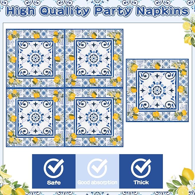 96Pcs Capri Lemon Blue Tiles Yellow Lemon Summer Citrus Fruit Party Plates - Image 4