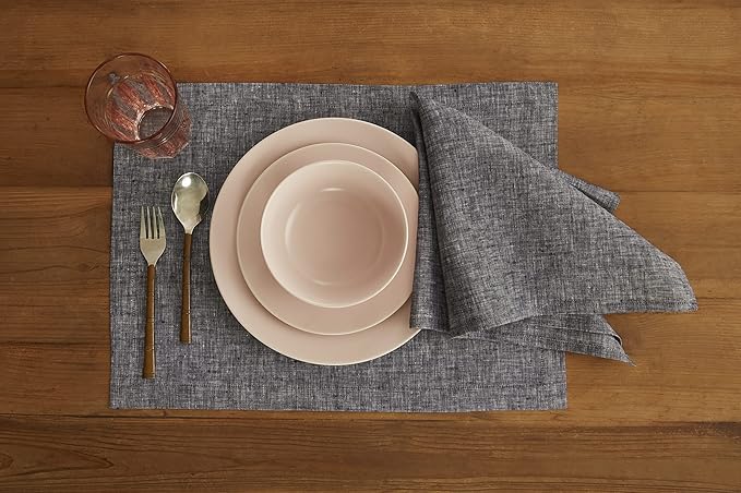 Solino Home Linen Placemats Set of 4-100% Pure Linen Chambray Black Cloth Placemats 14 x 19 Inch for Winter - Athena
