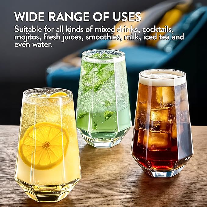 Crystal Beverage Glasses- Set of 6- Hexagon Design – 16oz Beer Tumbler & Highball Glass | Modern Tall Drinking Glass for Beer, Cocktails, Iced Tea, Cold Drinks & Everyday Use