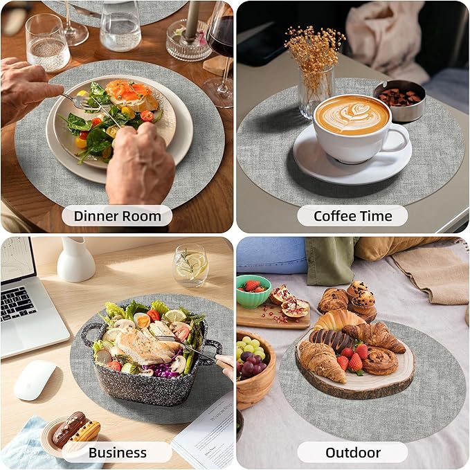 15 inch Faux Leather Round Placemats Set of 6 Non-Slip Washable Wipeable Table Mats, Heat Resistant Waterproof Oilproof Grey Place Mats for Kitchen, Dining, Party, Indoor, Outdoor