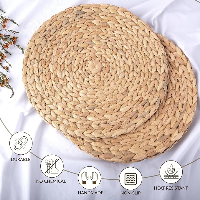 12" Water Hyacinth Woven Round Placemats Set of 6 - Wicker Boho Farmhouse Placemats - Rattan Table Mats for Dining Table, Wedding, Home