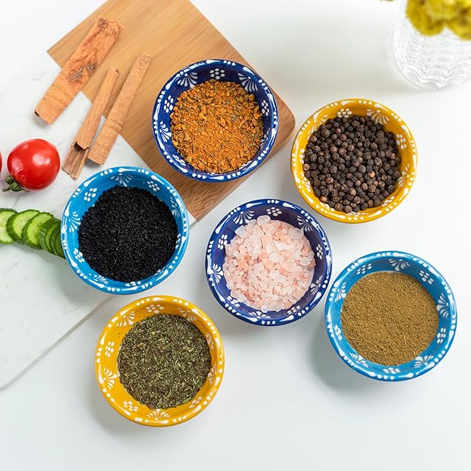 Ceramic Small Dipping Bowls Set of 6, 3.5 Oz Soy Sauce Dish, Handmade Charcuterie, Colorful Pinch, Dishwasher & Microwave Safe, 3.2'' Mini (NAZAR CHARM)