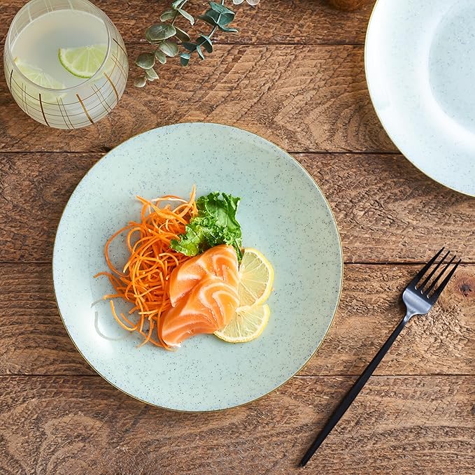 PLASTICPRO 30 Pack Disposable Plastic Plates Heavyweight Granite Look Elegant 9 inch Dinner Plates Green with Gold Rim