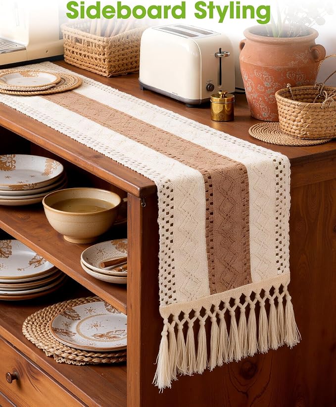 Pureegg Boho Table Runner 12 x 72 Inch, Woven Tassel Design | Dining Table - Image 6