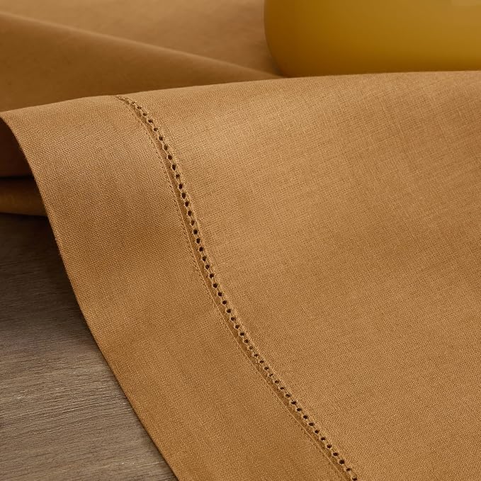 Solino Home Square Linen Tablecloth 52 x 52 Inch - 100% Pure Linen Brown Sugar Table Throw - Classic Hemstitch, Machine Washable Table Cloth