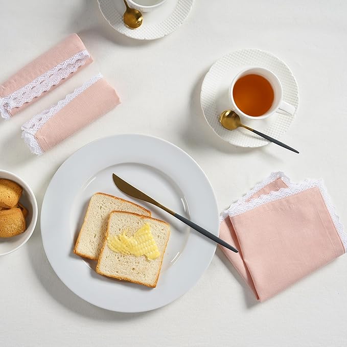 Fingercraft Dinner Cloth Napkin Cotton Linen Blend 12 Pack Mitered Corners with Elegant Lace for Everyday Use Napkins are Pre Shrunk and Good Absorbency (Pink, 12in x 12in)