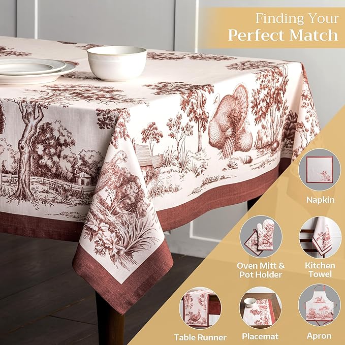 Maison d' Hermine Table Cloth Rectangle Table 100% Cotton 70 x 90 Inches Fall Tablecloth Reusable Everyday Use for Thanksgiving Christmas Decorations Dining Farmhouse Party (Holy Jouy - Brown)