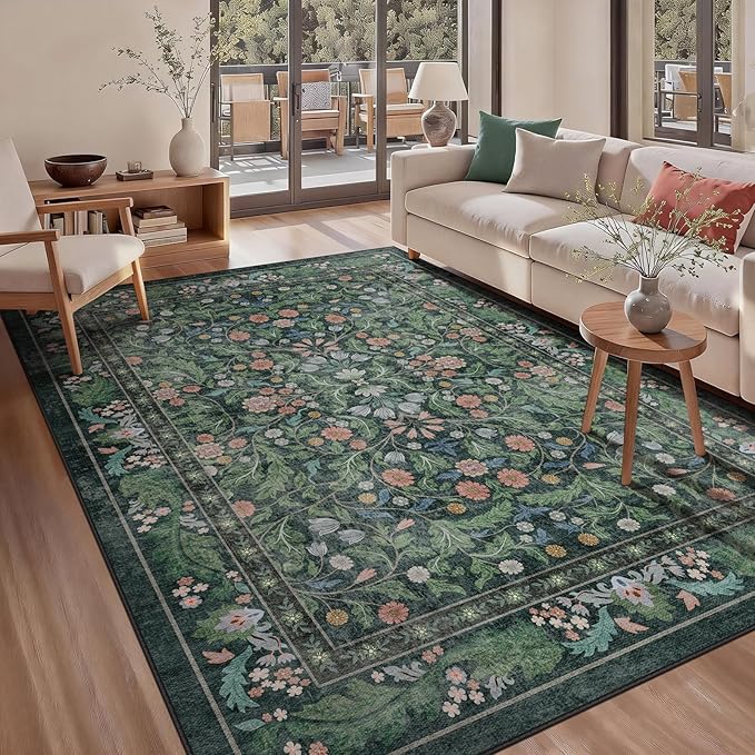Green Floral 5x7 Area Rugs for Living Room Large Washable Rug Vintage Forest Low Pile Non Slip Stain Resistance Soft Carpet for Dining Room, Bedroom, Office Rug, Kids Room, Nursery Room, Playroom