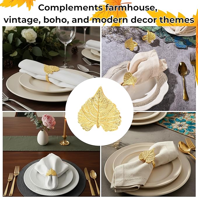CLEENTABLE Elegant Handcrafted Leaf Napkin Rings - Set of 12 Premium Aluminum Holders for Dinner Parties, Weddings, Special Occasions & Everyday Dining (Gold)