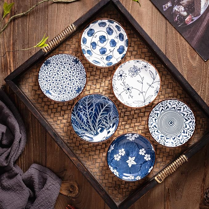 Japanese Style Ceramic Dipping Bowls,4'' Side Dishes Soy Sauce Dish for Sushi Dip,Snack,3 Oz Small Blue and White Pinch Bowl for Kitchen Prep - Set of 6 (4 inch)
