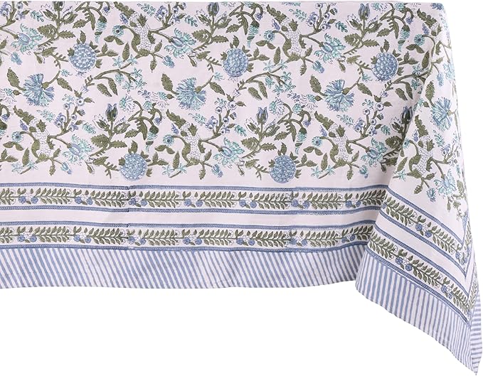 ATOSII Mahoka Blue 100% Cotton Fall Tablecloth, Handblock Floral Linen Table Cloth for Kitchen Dining Table I Parties Weddings Outdoors Easter Valentine's Gift I 60 X 108 Inches I 8 Seater
