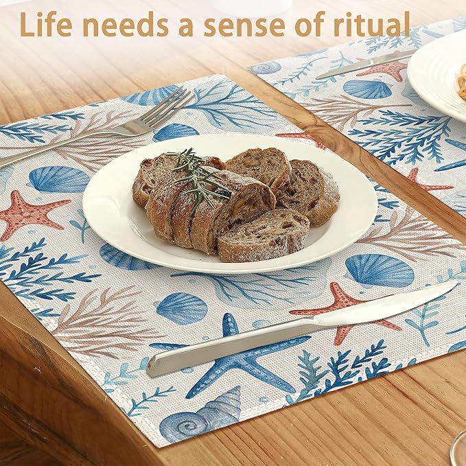 Placemats12x18 Inch,Beach Seashell Placemats,Coral Starfish Kitchen Dining Coffee Table Mats Set of 6 for Home Indoor Outdoor Party