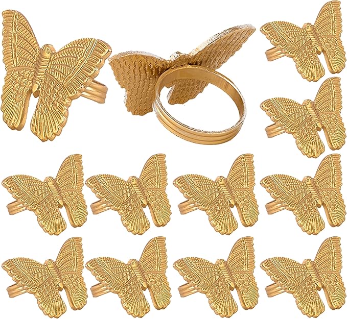 ALPHA Living HOME Basic Butterfly Napkin Ring Collection Decorative, 12 Count Premium Metal Napkin Rings for Dinner Table Decor, Wedding, Banquet, Party, Easter Fall Thanksgiving Christmas (Gold)