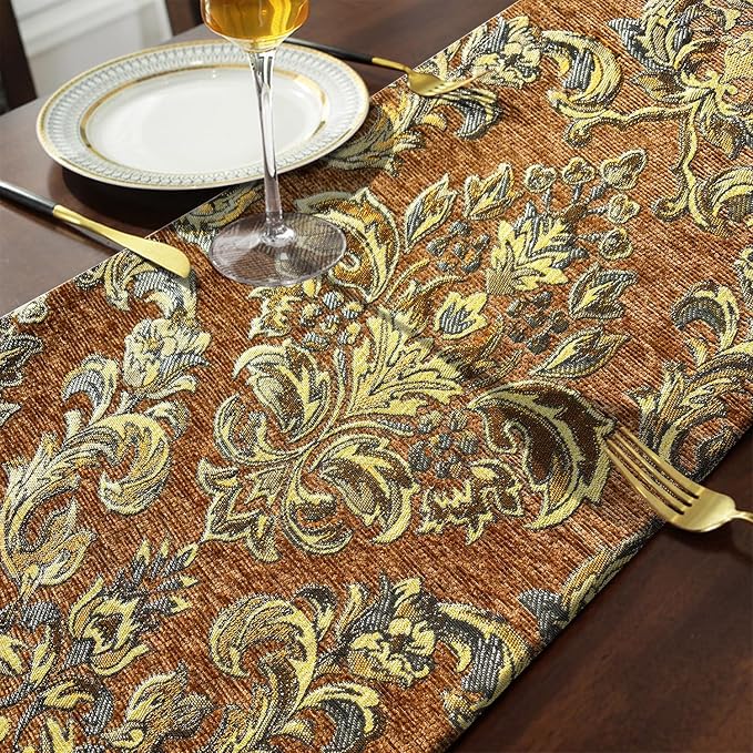 Deluxe Embroidered Table Runner 84" Caramel Retro Chenille Jacquard Cloths | - Image 5