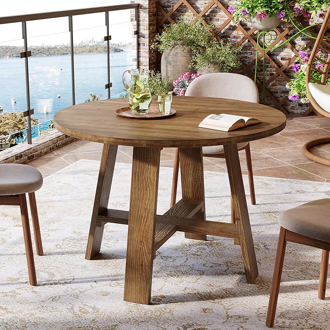 39.4" Round Dining Table for 2–4 People, Solid Wood Farmhouse Kitchen Table with Natural Wood Grain for Dining Room, Rustic Brown