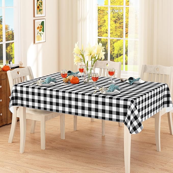 misaya Rectangle Waterproof Vinyl Table Cloth, Buffalo Flannel Backed Tablecloth, Wipeable Plastic Table Cover for Christmas (70" x 90", Black and White)