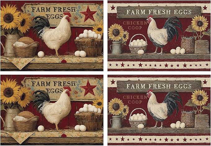 Vintage Rooster Placemats Set of 4 Washable Table Place Mats for Dining Kitchen Party Decor